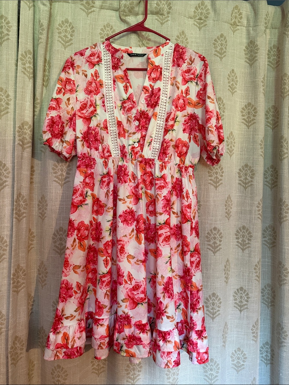 SHEIN Pink Floral Lace-Trim Midi Dress